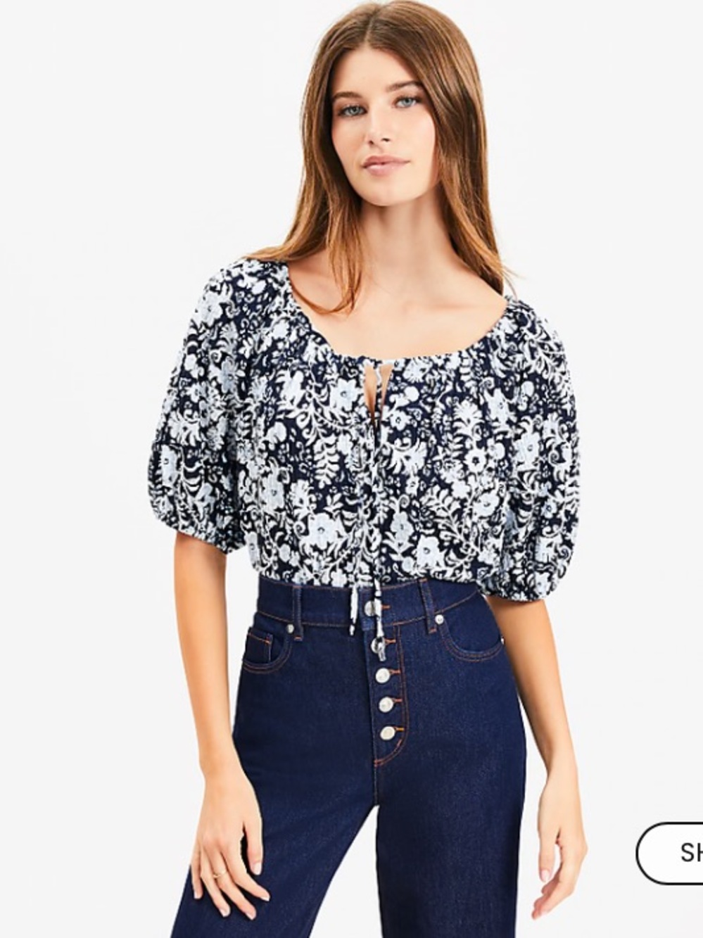LOFT Navy and White Floral Puff-Sleeve Blouse
